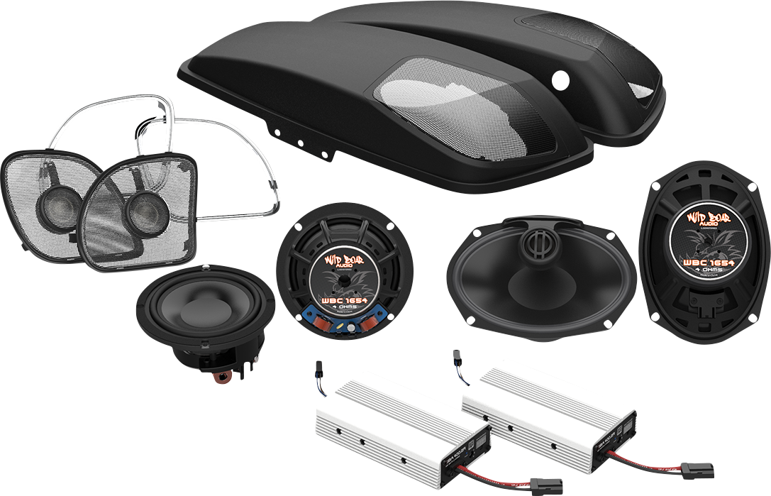 WILD BOAR AUDIO 4 Speaker & 2 Amplifier Kit with Saddle Bag Lids - FLTR '15-'24