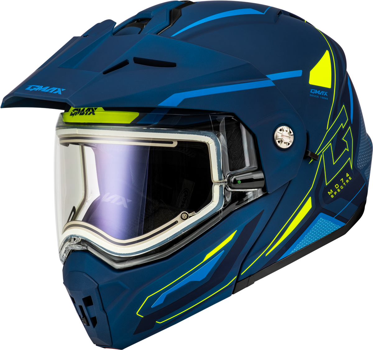 GMAX MD-74S SPECTRE SNOW HELMET W/ ELEC SHIELD MATTE BLUE/GRN