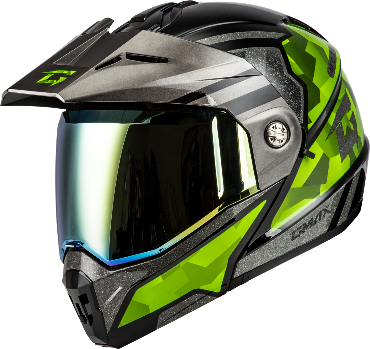 GMAX MD-74 STRIKER MODULAR HELMET W GLD SHLD BLK/SLVR/GRN MTLC