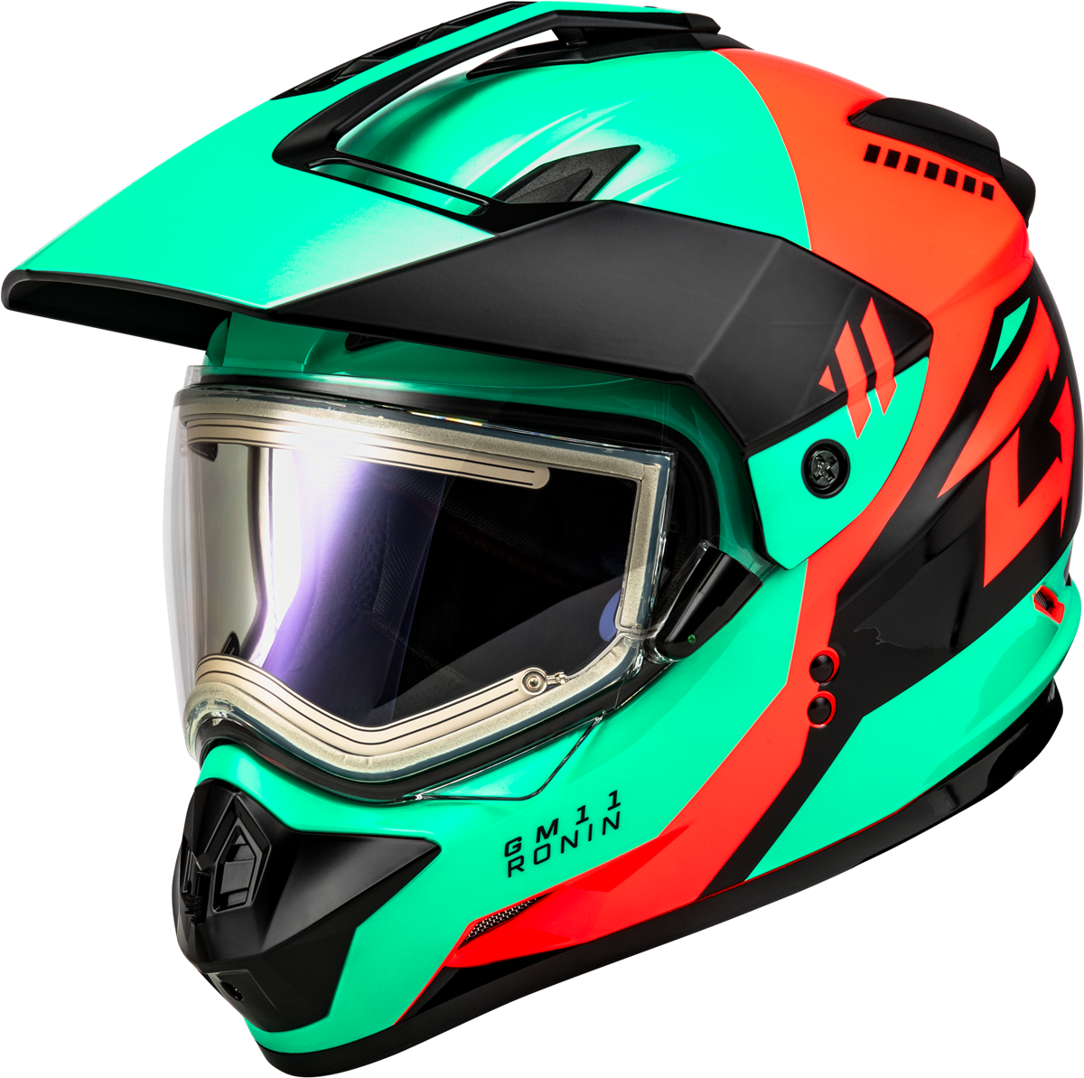 GMAX GM-11S RONIN SNOW HELMET W/ ELEC SHLD BLACK/AQUA/CORAL