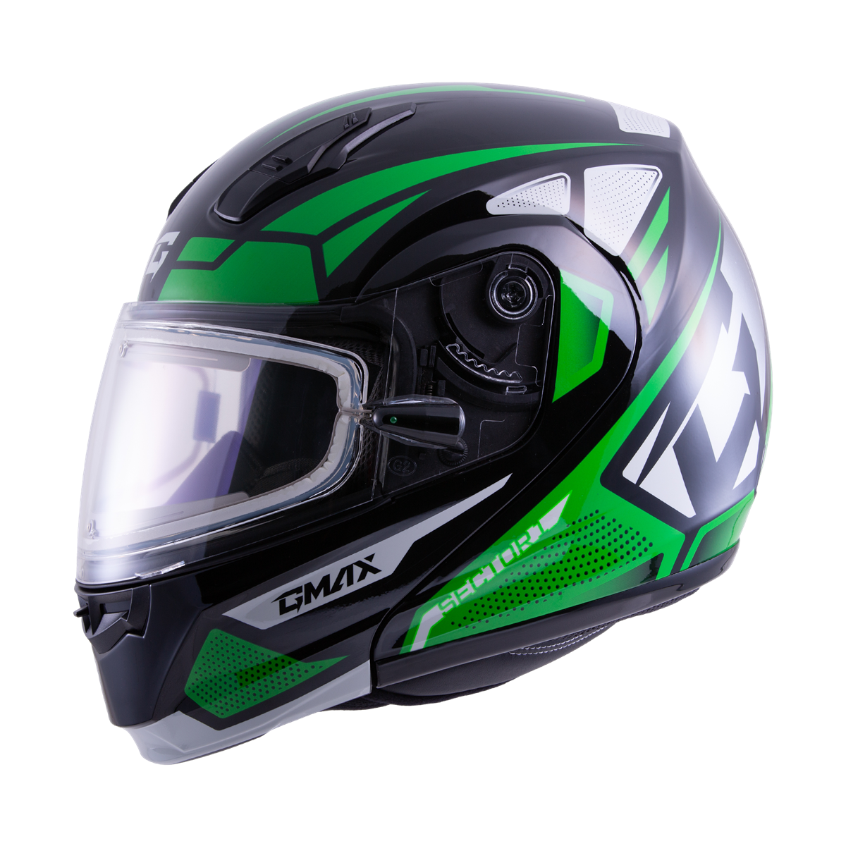 GMAX MD-04S SECTOR SNOW HELMET W/ ELEC SHIELD BLK/GREEN/WHT