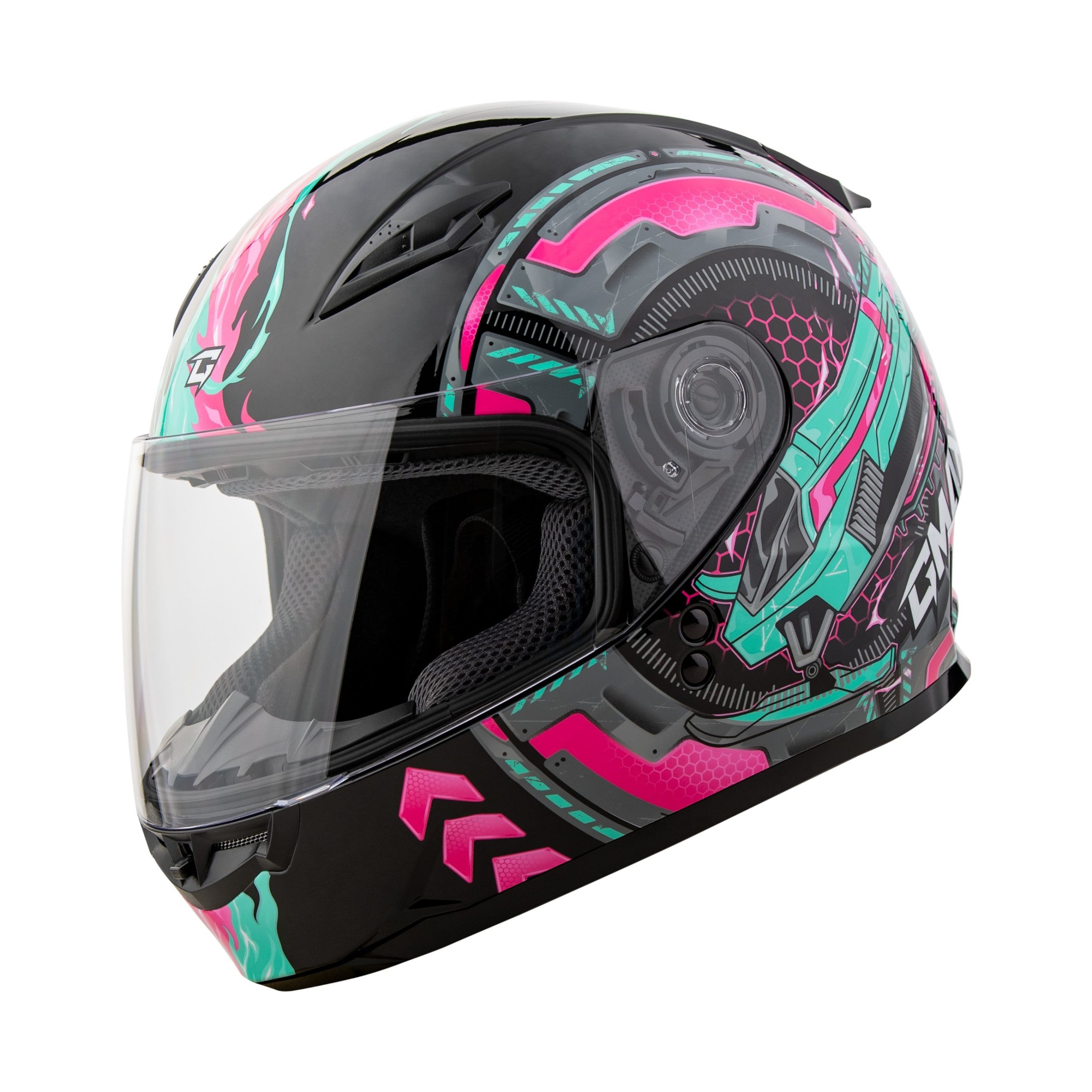 GMAX GM-49Y CHARGE HELMET BLACK/PINK/AQUA YL - 72-7504YL