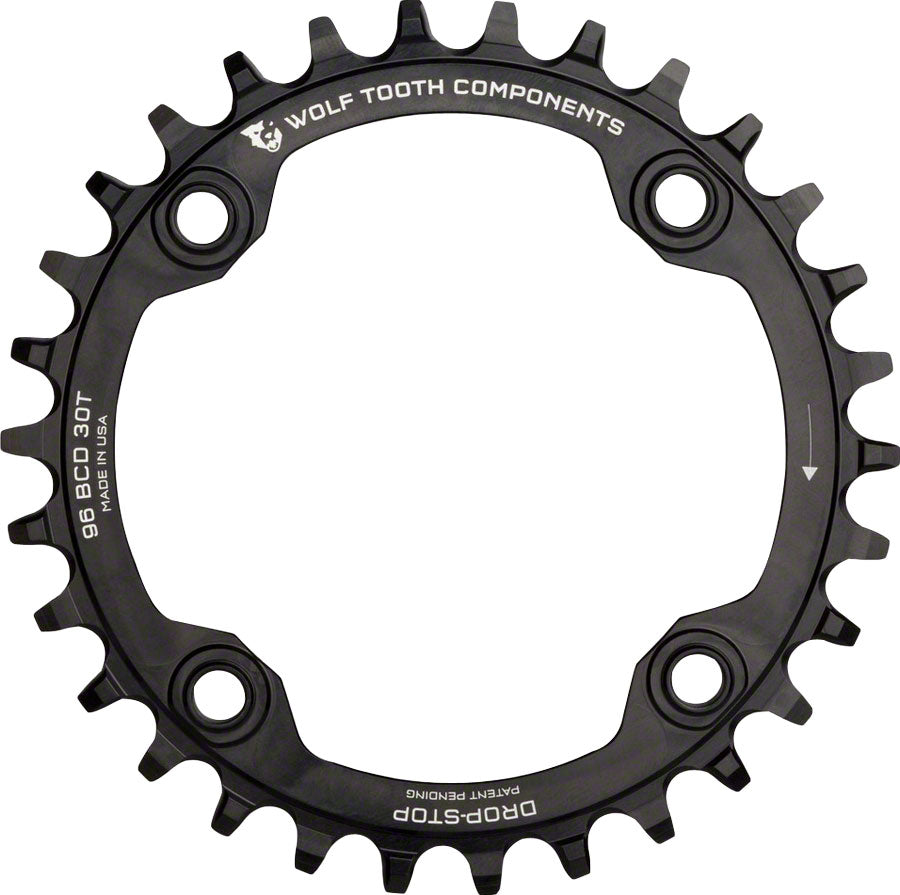 Wolf Tooth 96 Symmetrical BCD Chainring - 30t, 96 BCD, 4-Bolt, Drop-Stop A, For Shimano Cranks, Black